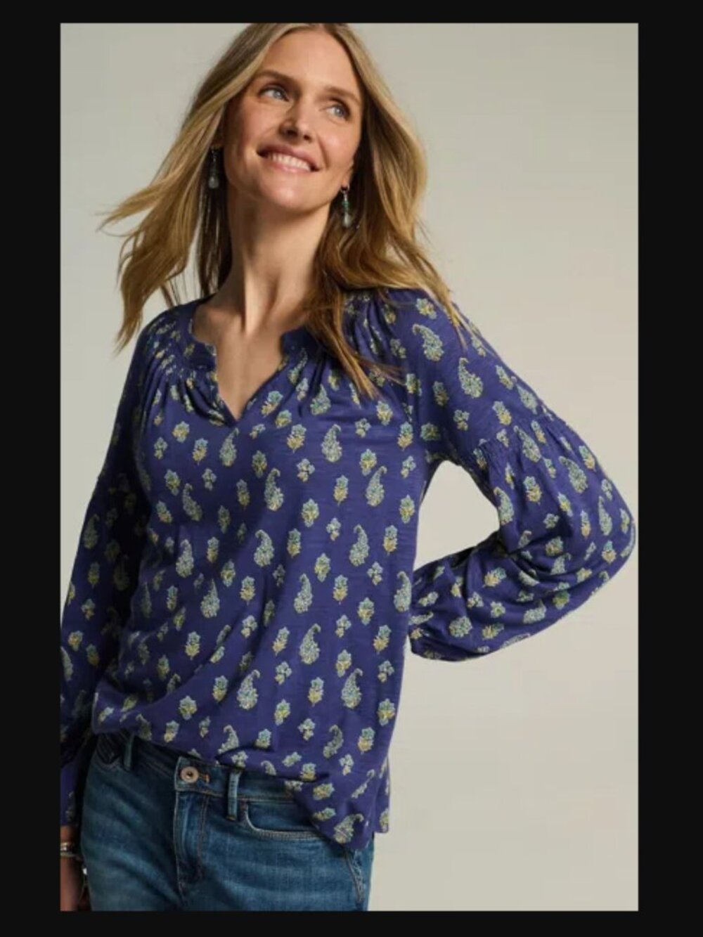 J. Jill Printed Smocked Top in Majestic Blue Paisley Stamp Print Boho Sz Large